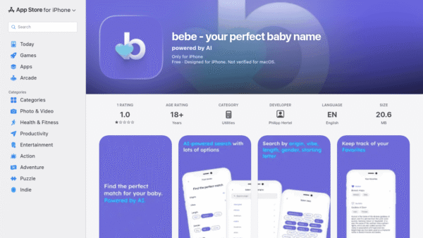 bebe – your perfect baby name interface preview
