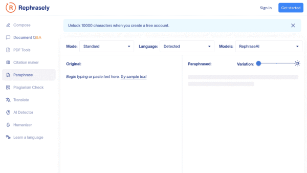Rephrasely interface preview
