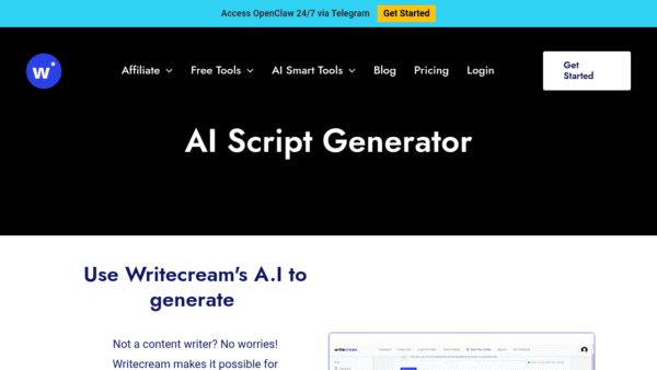 Writecream AI Script Generator interface preview