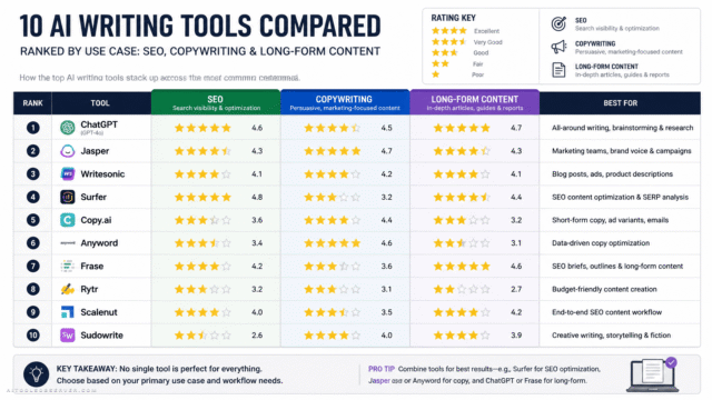 10 Best AI Writing Tools in 2026 (Tested & Ranked for SEO, Copywriting, and Long‑Form)