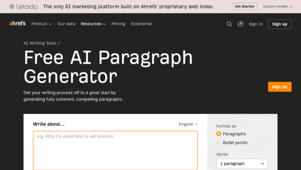 Ahrefs Free AI Paragraph Generator interface preview
