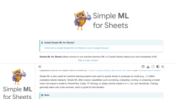 Simple ML for Sheets interface preview
