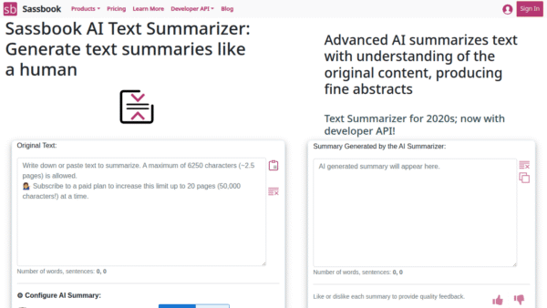 Sassbook AI Text Summarizer interface preview