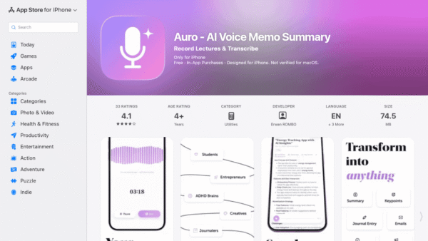 Auro – AI Voice Memo Summary interface preview