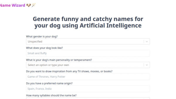 Dog Name Wizard interface preview