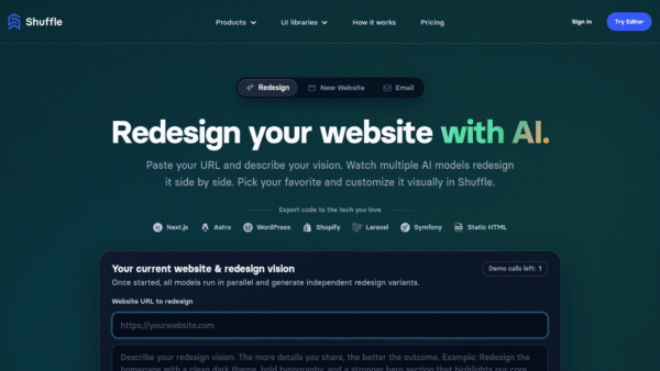 AI Website Redesign by Shuffle interface preview